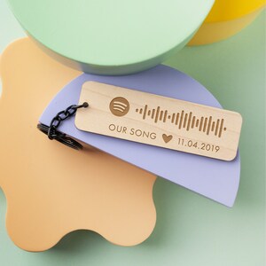 May include: A wooden keychain with a Spotify logo and a barcode, the text "OUR SONG" and a heart symbol, and the date "11.04.2019".