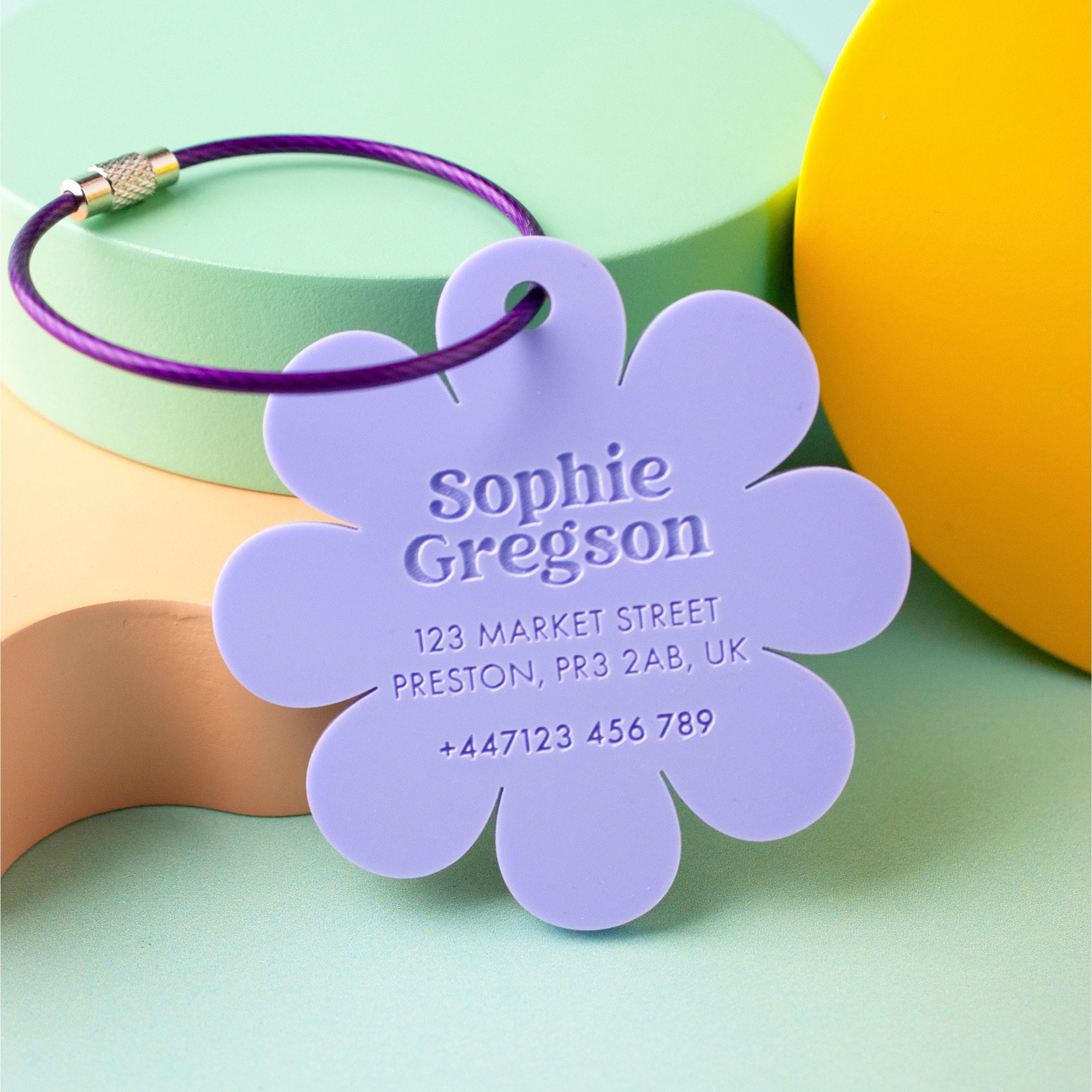 Personalised Flower Luggage Tags, Engraved Bag ID Tag, Suitcase Bag Tag, Acrylic Travel Accessory, School Name Keyring