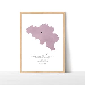 Personalised Engagement Gift, Engagement Map Print, Destination Travel Map, Watercolour Wedding Map, Wedding Gift, Belgium Map Print