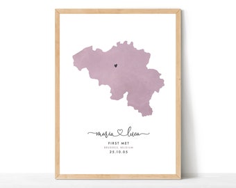 Personalised Engagement Gift, Engagement Map Print, Destination Travel Map, Watercolour Wedding Map, Wedding Gift, Belgium Map Print
