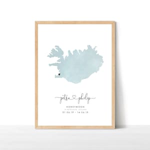 Impression carte de fiançailles, cadeau de fiançailles personnalisé, carte de voyage à destination, carte de mariage aquarelle, cadeau de mariage, impression de carte d'Islande