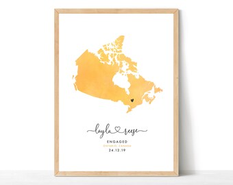 Personalised Engagement Gift, Engagement Map Print, Destination Travel Map, Watercolour Wedding Map, Wedding Gift, Canada Map Print
