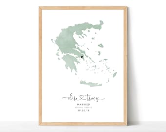 Engagement Map Print, Destination Travel Map, Personalised Engagement Gift, Watercolour Wedding Map, Wedding Gift, Greece Map Print