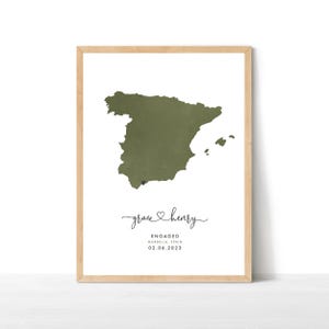 Impression de n'importe quelle carte de fiançailles, carte de voyage de destination, cadeau de fiançailles personnalisé, carte de mariage aquarelle, cadeau de mariage, impression de carte d'Espagne