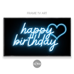 Happy Birthday tv art | neon blue Happy Birthday with heart banner for Samsung frame tv 4k | tv art birthday sign for him | digital download