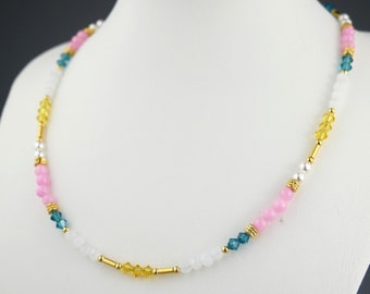 Necklace 925 silver gold plated women's necklace jade crystals pearl necklace pink blue