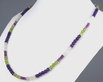 Pearl necklace amethyst peridot rose quartz phosphosiderite gemstone 925 silver women's necklace purple green necklace beads