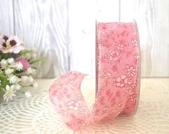 Dekoband rosa pink mit Blüten 40mm breit Schleifenband mit formbarer Drahtkante