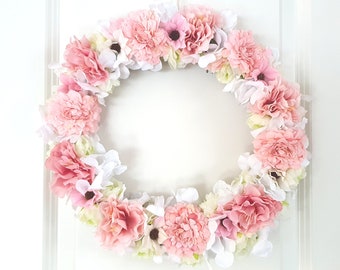 Türkranz Sommer Rosen Seidenblumen Blüten rosa weiß creme Tischkranz Sommerkranz 34cm Blumenkranz Frühling Kunstblumen Wandkranz Hochzeit