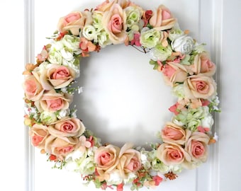 Türkranz Frühling Rosen Seidenblüten Blüten rosa lachs creme grün Tischkranz Sommerkranz Blumenkranz Frühjahr Kunstblumen Kranz Hochzeit