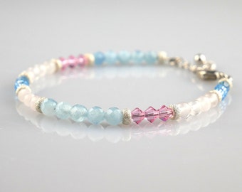 Beaded Bracelet Aquamarine Rose Quartz Gemstone 925 Silver Pink Blue Glitter Bracelet Beads