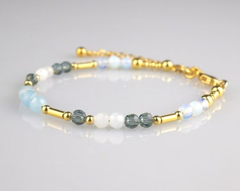 Perlenarmband 925 Silber vergoldet Aquamarin Opalit Kristalle Armband Perlen Blau Gold