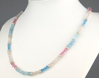 Pearl necklace aquamarine rose quartz gemstone 925 silver women's necklace pink blue glitter necklace beads