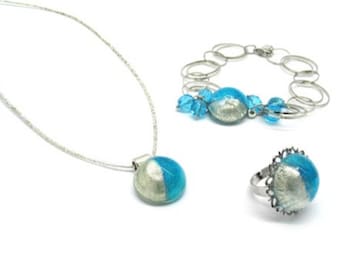 Murano Schmuck Set Kette Armband Ring blau