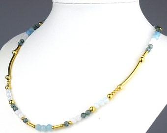 Halskette 925 Silber vergoldet Damenkette Aquamarin Opalit Kristalle Perlenkette blau
