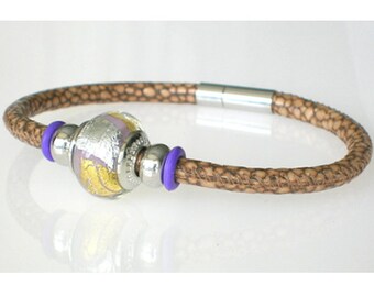 Murano glass bracelet leather brown purple bangle bead