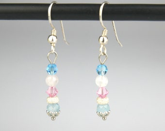 Pearl earrings 925 silver blue pink glitter pearl earrings aquamarine rose quartz