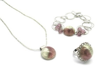 Murano Schmuck Set Kette Armband Ring rosa