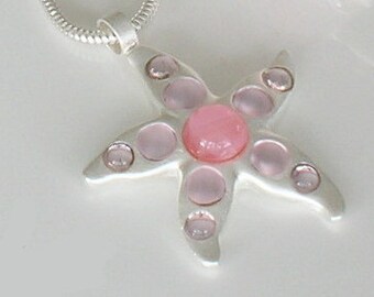 Necklace starfish pink matt silver plated chain pink