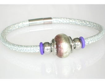 Murano glass bracelet leather white purple bangle bead