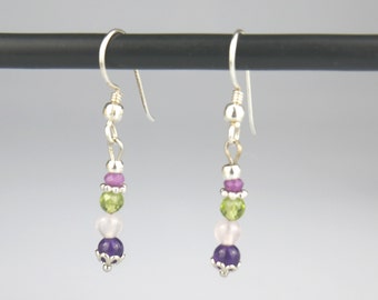 Pearl Earrings 925 Silver Purple Green Pink Crystals Pearl Earrings Amethyst Rose Quartz Phosphosiderite Peridot