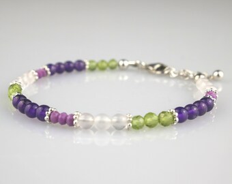 Beaded Bracelet Amethyst Peridot Rose Quartz Phosphosiderite Gemstone 925 Silver Purple Green Bracelet Beads