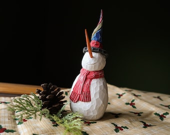 Handcarved Wooden Snowman with Santa Hat Christmas Carving Wood Carving whittling Snow man usa Folklore Carving Santa Figurine