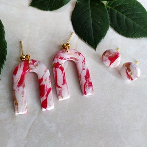 Earrings set-Polymer Clay / 2 pairs- drop earrings & ear studs / red-white