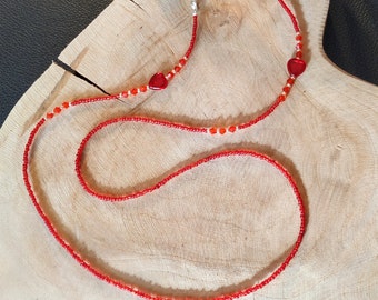 Edle filigrane Perlenkette für deine Brille / Mundschutzkette - Brillenkette / rot-silber / ca. 75cm