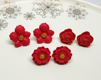 Ohrringe - Polymer Clay / Blüten - 3 Paar Ohrstecker oder Einzelpaar, rot/gold