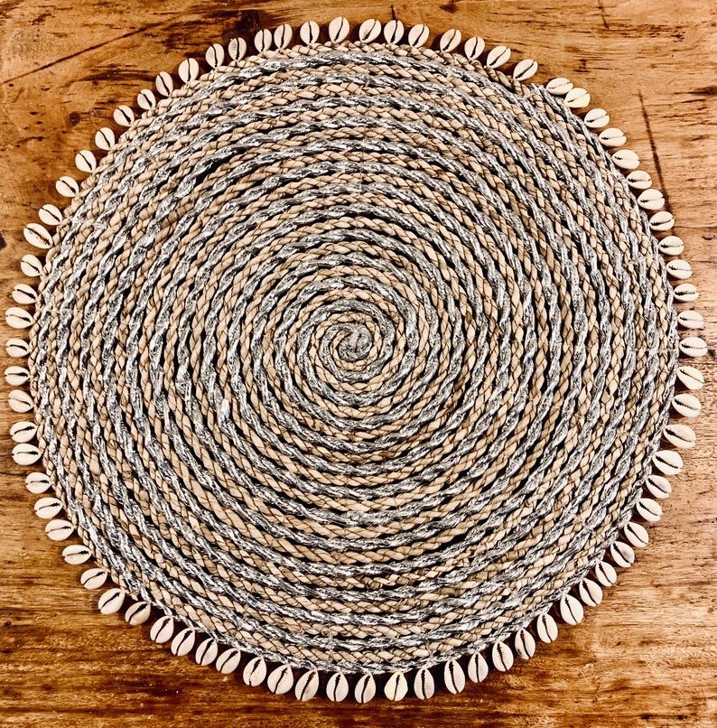 Woven round placemat with shell trim Etsy