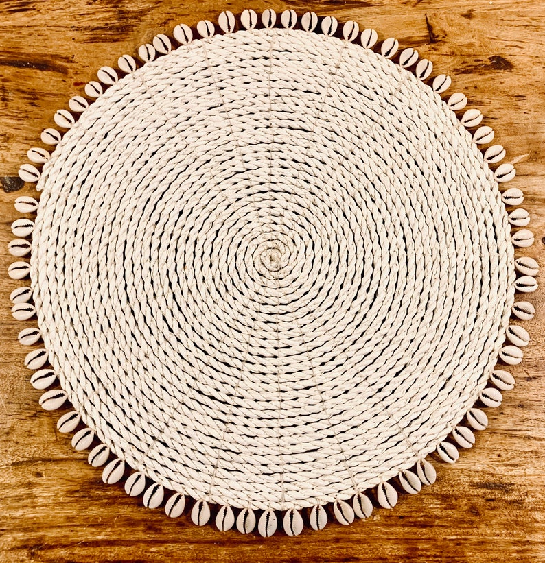 Woven round placemat with shell trim Etsy