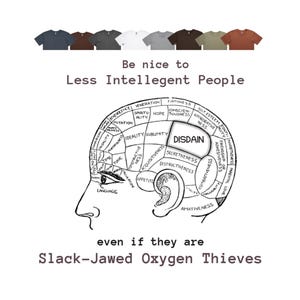 May include: A variety of t-shirts in different colors are displayed above a graphic. The graphic features a diagram of a head with labels like "Disdain" and text that reads "Be nice to less intelligent people, even if they are slack-jawed oxygen thieves."