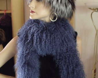 Fur scarf, shawl, boa, stole made of Tibetan lambskin, scarf, long lambskin scarf in blue, echarpe, collar