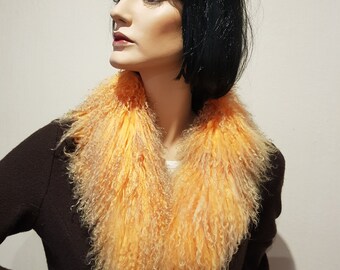 Fur scarf, collar, loop made of Tibetan lamb fur in orange, scarf