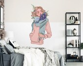 Wall decal Modern design woman with sweater, scarf and great flower splendor decoration wall sticker Modern Art Sticker Trend Figures