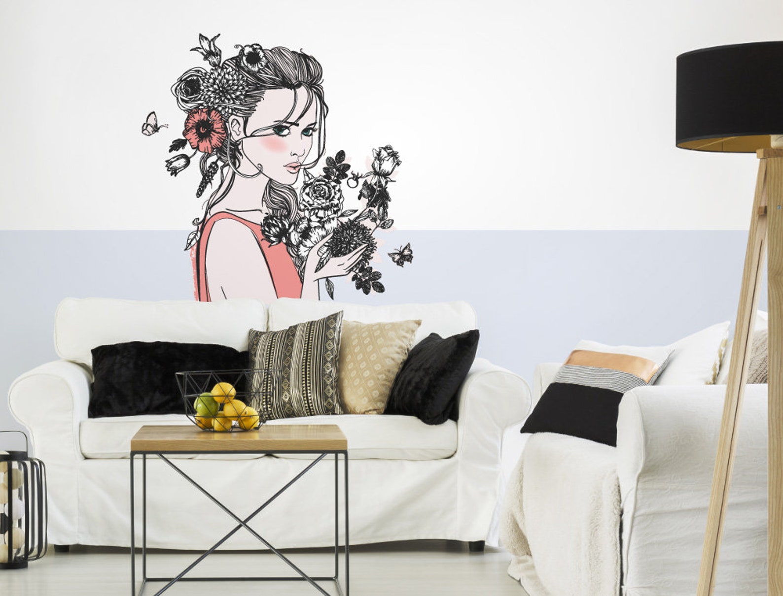 Wall decal living room modern art woman with flowers wall Etsy