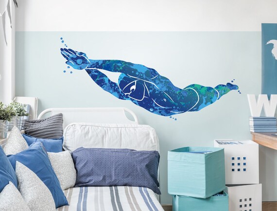 Youth Room Wall Tattoo Watercolor Float While Diving In Blue Wall Sticker Decoration Sports Sticker