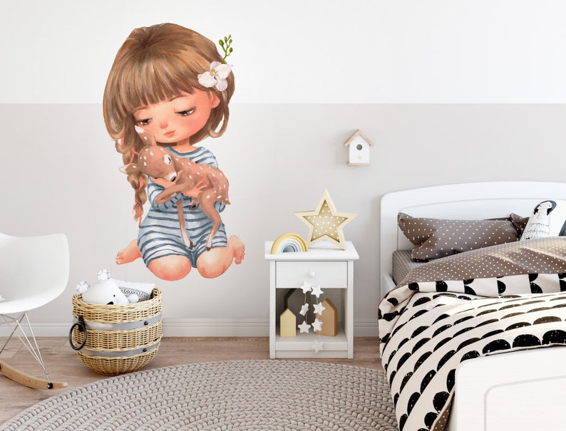 Wall sticker children's room watercolour girl with deer Etsy