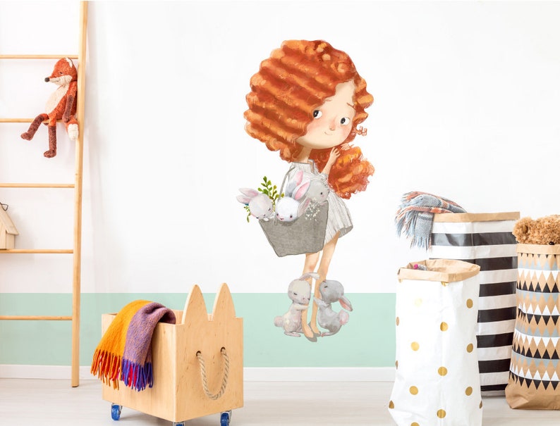 Wall Sticker Children's Room Watercolour Girl With Rabbits Etsy