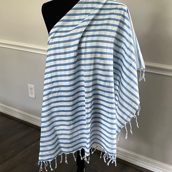 White Blue Striped Fringed Cotton Scarf, Vintage Beach Sarong Wrap, Pareo, Cover Up, Gift for Girl Friend