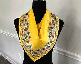 Vintage Ginnie Johansen Scarf Neck Scarf Provencal Cotton Yellow 27”, Vintage Floral Cotton Square Scarf, Holiday Gifts