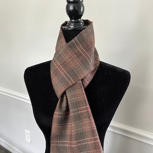 90s Brown Plaid Wool Men Scarf 9"x64", Vintage Men Accessories, Gift for Him