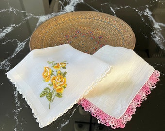 Vintage Embroidered Yellow Roses and Pink Tatted Edge Hankies Set of 2, Collectible Hankies, Keepsake Hankies