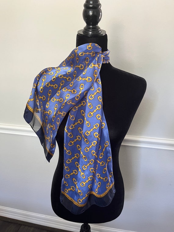 Vintage ECHO Royal Blue Golden Long Silk Scarf, N… - image 5