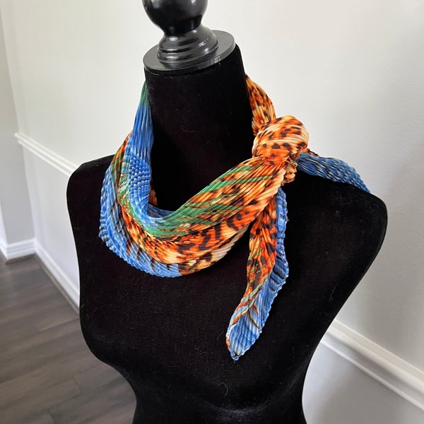 Tropic Leopard Print Orange Blue Plisse Shawl, Vintage Foulards, Unisex Scarves, Retro Gifts