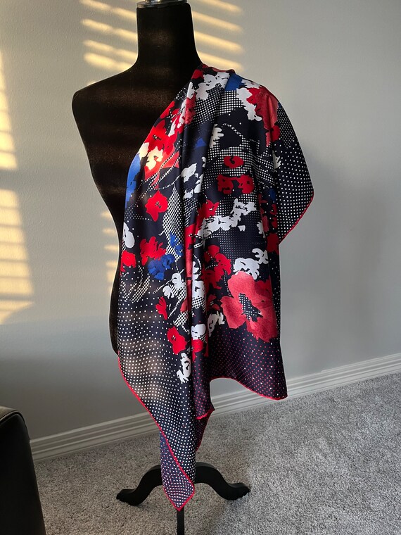 Navy Red Blue Floral Large Square Silk Scarf, 33"… - image 3