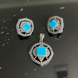 Matching Marcasite Turquoise Pendant and Earrings Jewelry Set, Vintage Sterling Silver Jewelry for Women, Holiday Gifts