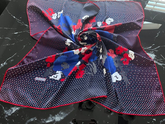 Navy Red Blue Floral Large Square Silk Scarf, 33"… - image 10