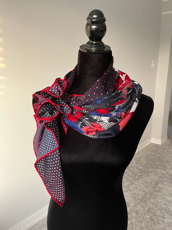 Navy Red Blue Floral Large Square Silk Scarf, 33"… - image 5